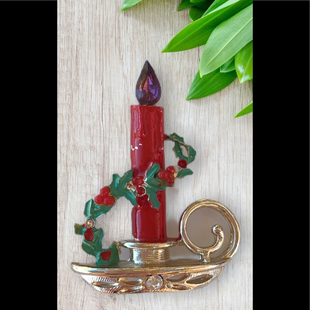 Vintage Christmas Pin Purple Rhinestone Topper